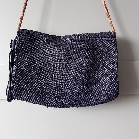 Mar Y Sol Shoulder Bag Womens Navy Blue Woven Raffia Crossbody Tassel Handmade - Picture 6 of 13